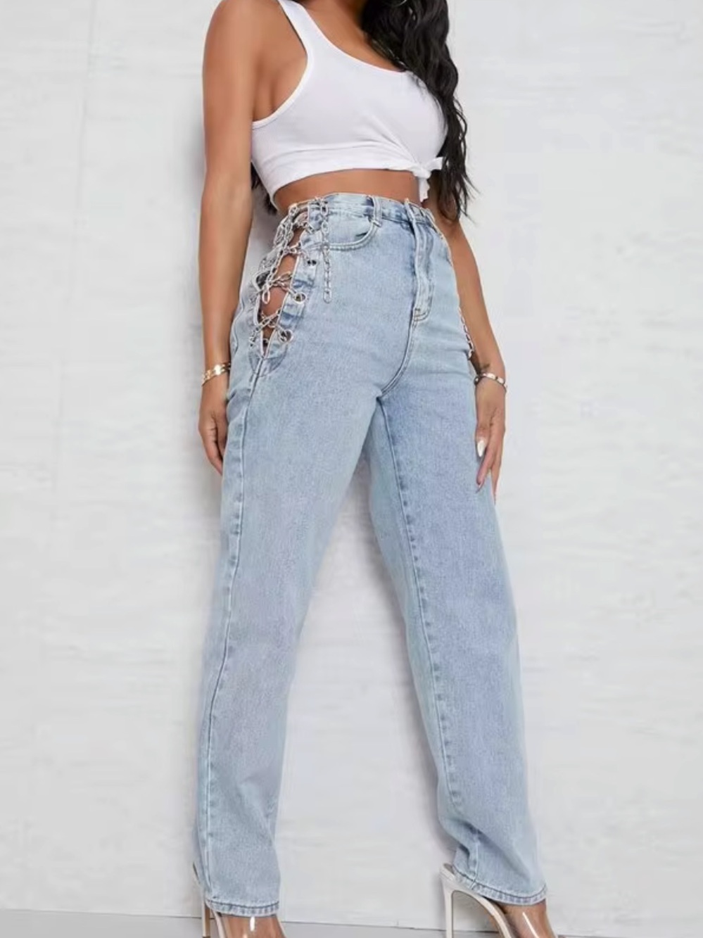 High-Rise Light Blue Side Lace-Up Jeans